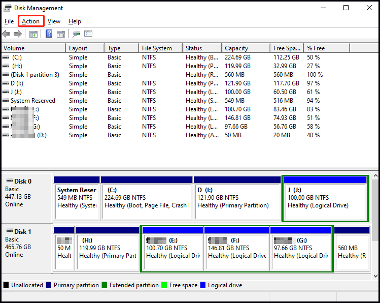 click on Action in the Disk Management window