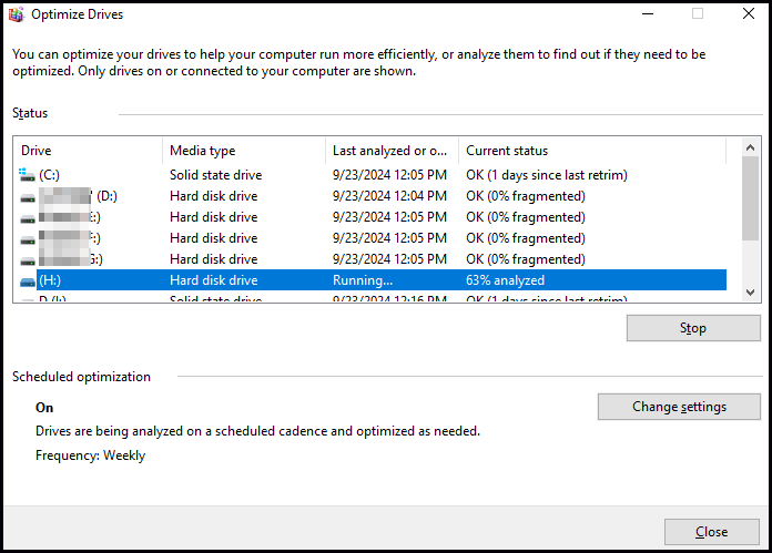 select the disk that you want to defragment from the drive table