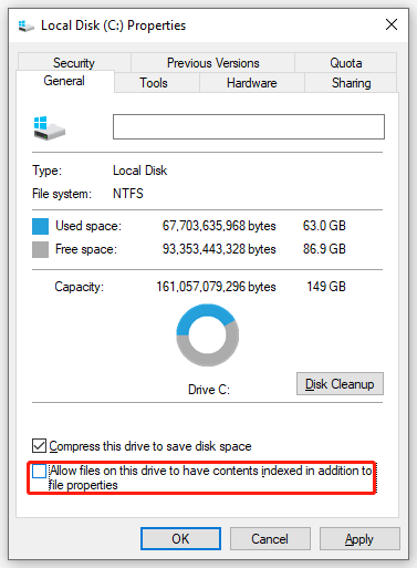 uncheck Allow files on this drive to have contents indexed in addition to file properties