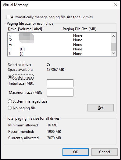 tick mark Custom size in the Virtual Memory window