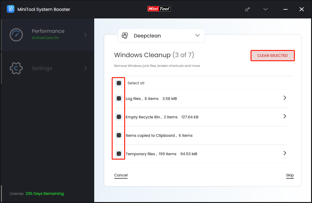 perform the Windows Cleanup task in MiniTool System Booster