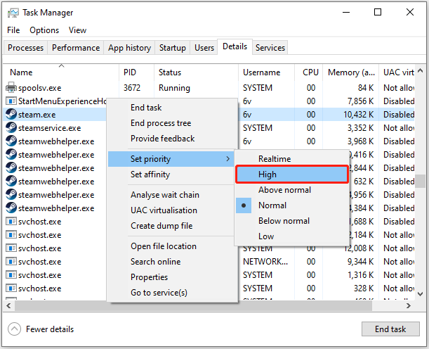 set Steam’s priority to high in Task Manager
