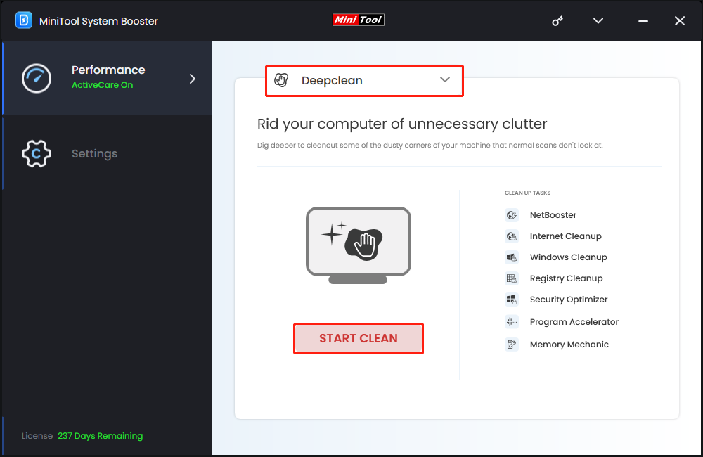 click START CLEAN in MiniTool System Booster