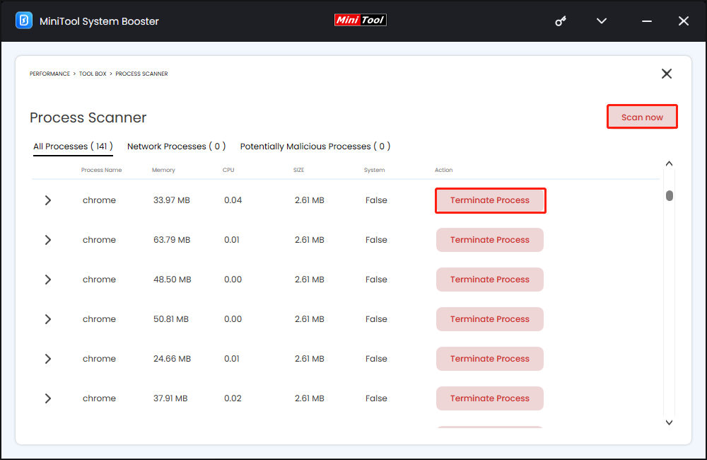 terminate process via MiniTool System Booster