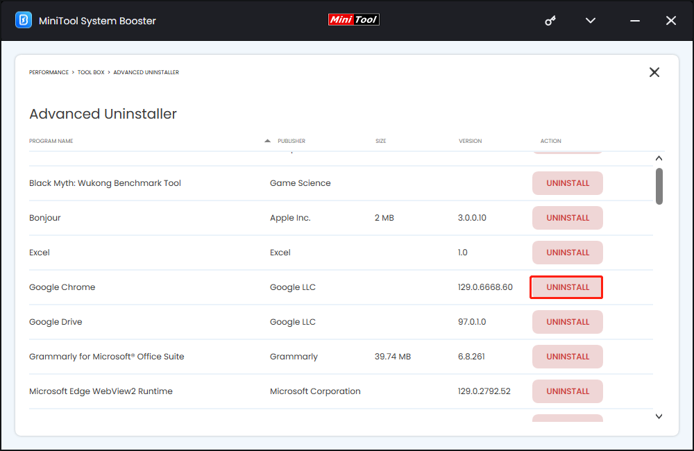 uninstall the program via MiniTool System Booster