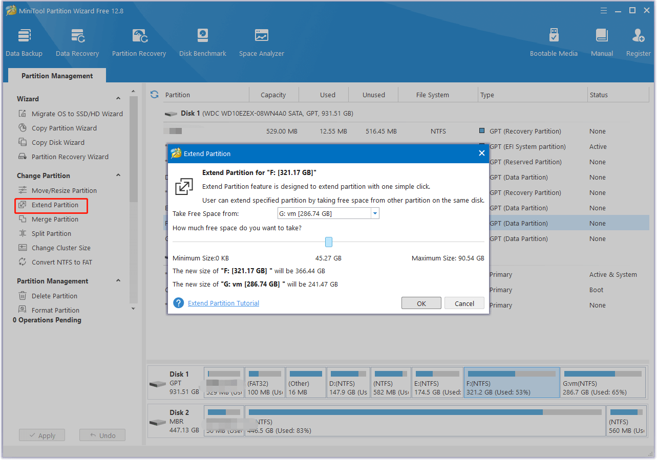 extend the partition via MiniTool Partition Wizard