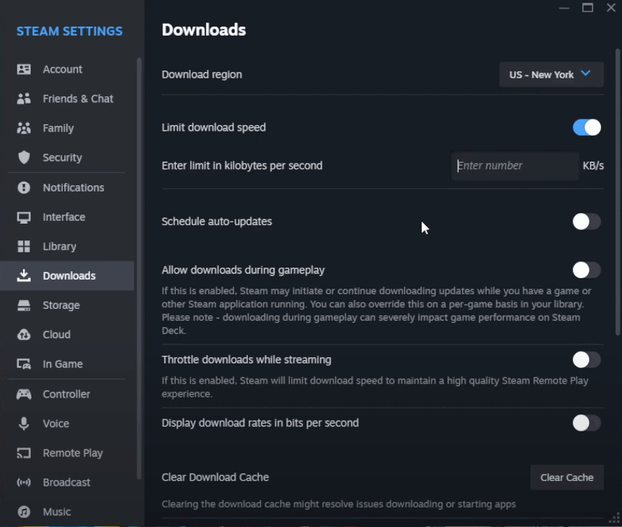 toggle off Limit download speed in Steam