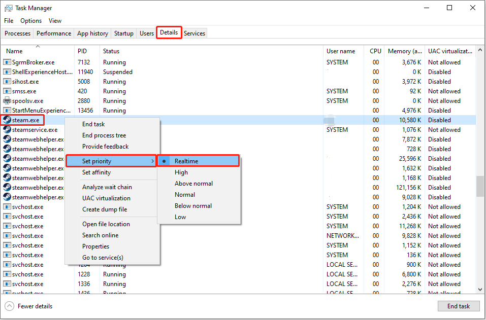 set Steam’s priority to high in Task Manager