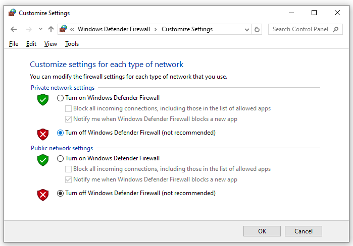 turn off Windows Defender Firewall