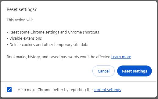 hit Reset settings in the confirmation window to reset Google Chrome