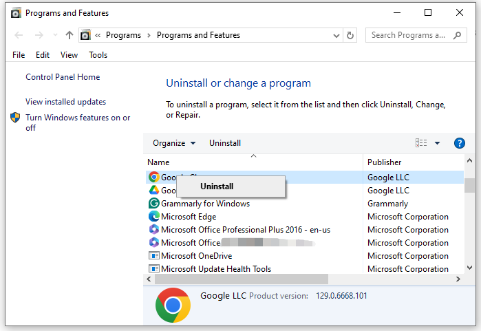 right-click on Google Chrome to choose Uninstall