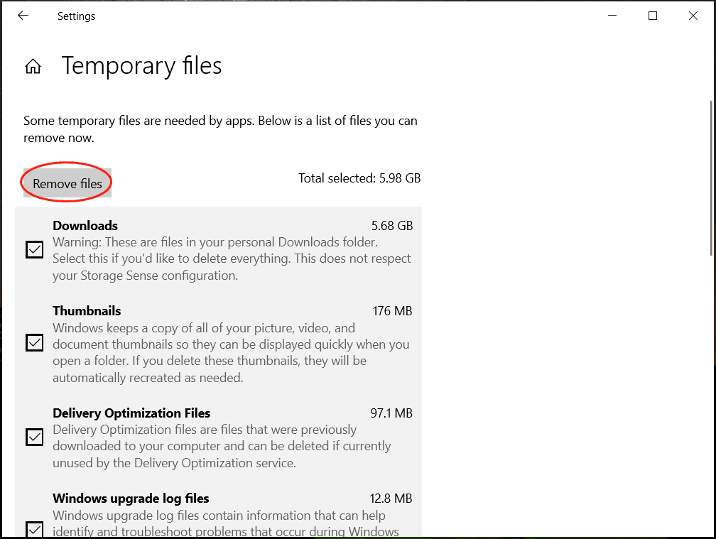 remove temporary files with Windows 10 Storage Sense