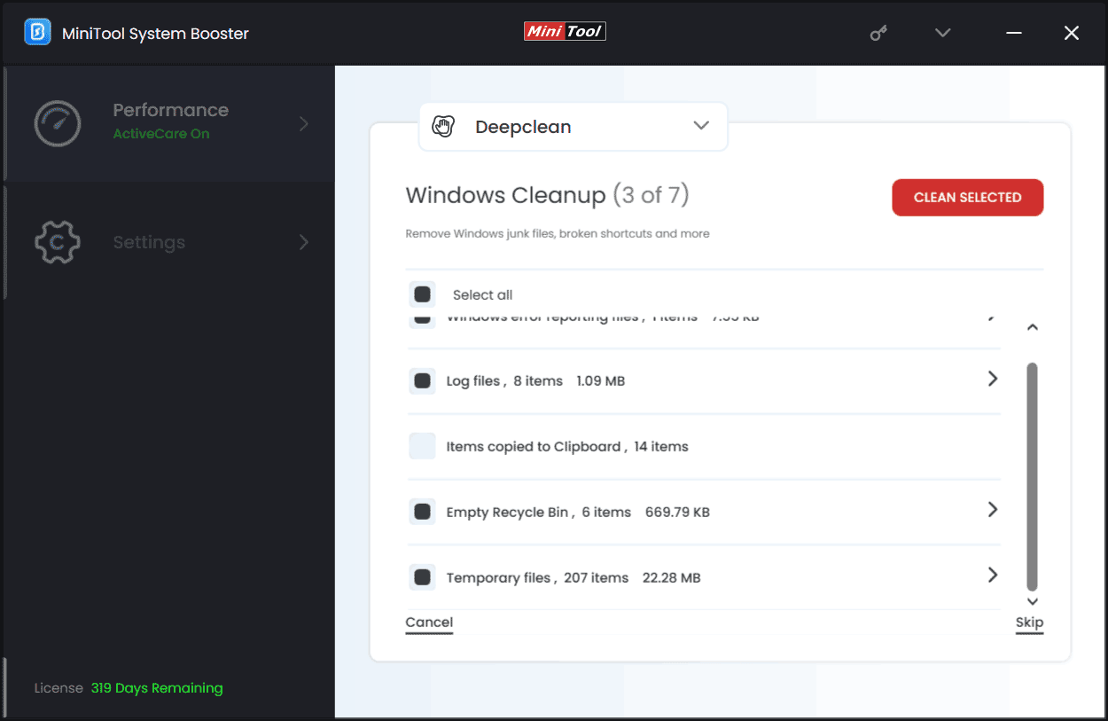 run MiniTool System Booster to perform Windows Cleanup