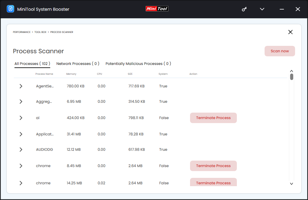 terminate unwanted processes via Process Scanner