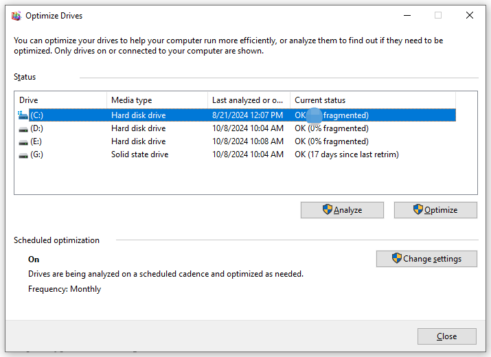 defragment your hard drive with Defragment and Optimize Drives