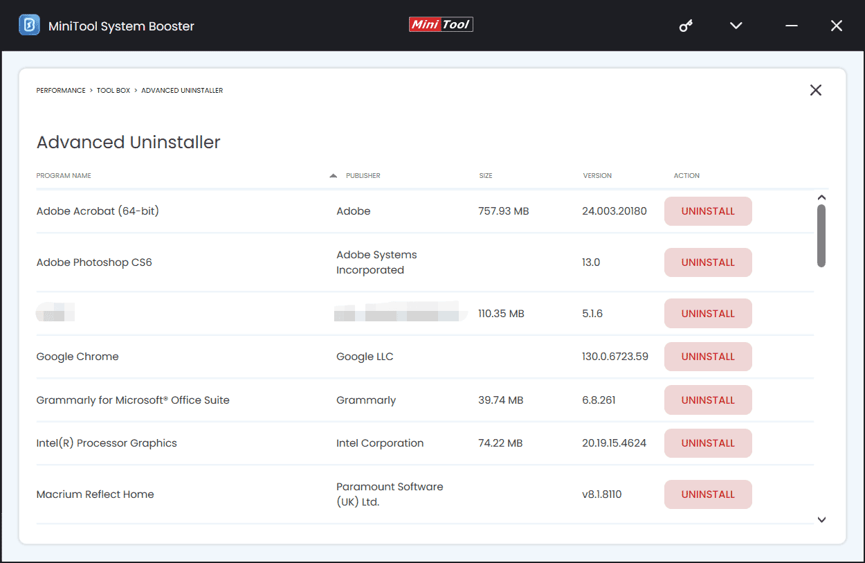 uninstall programs with Advanced Uninstaller in MiniTool System Booster