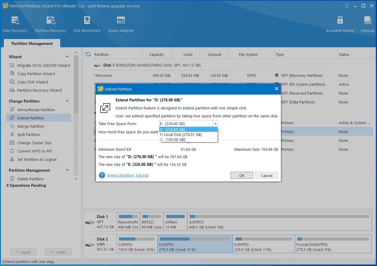 extend the target partition with MiniTool Partition Wizard