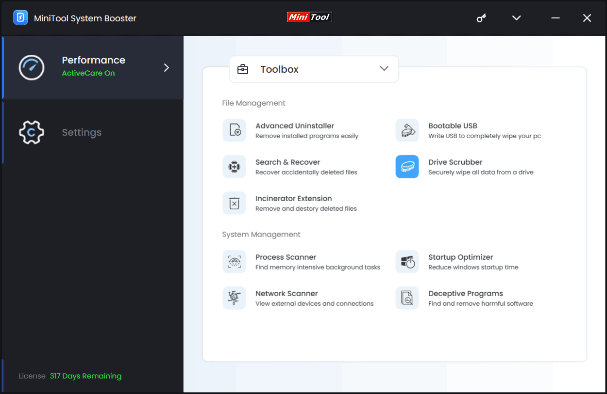 Drive Scrubber under Toolbox in MiniTool System Booster