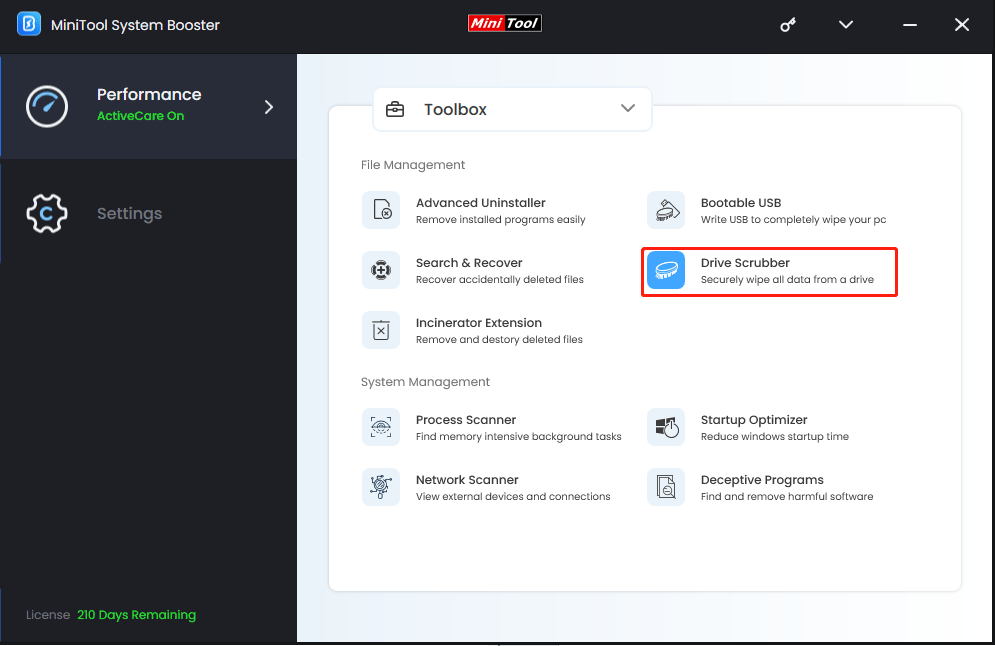 select Drive Scrubber under File Management