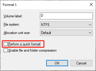 uncheck perform a quick format