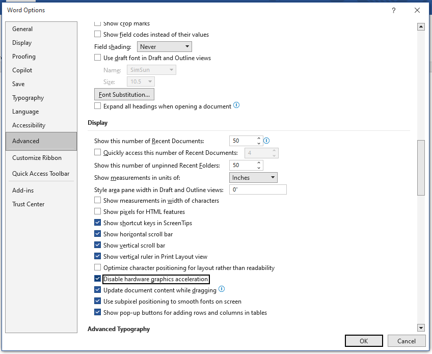 tick Disable hardware graphics acceleration in Word