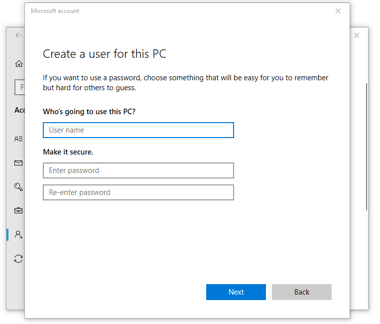 set the username and password for the new Microsoft account