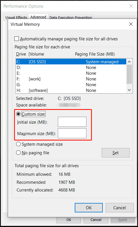 increase virtual memory in Windows 10