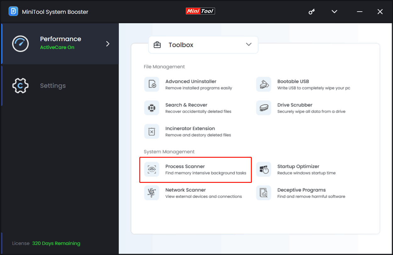 MiniTool System Booster Process Scanner to disable intensive tasks