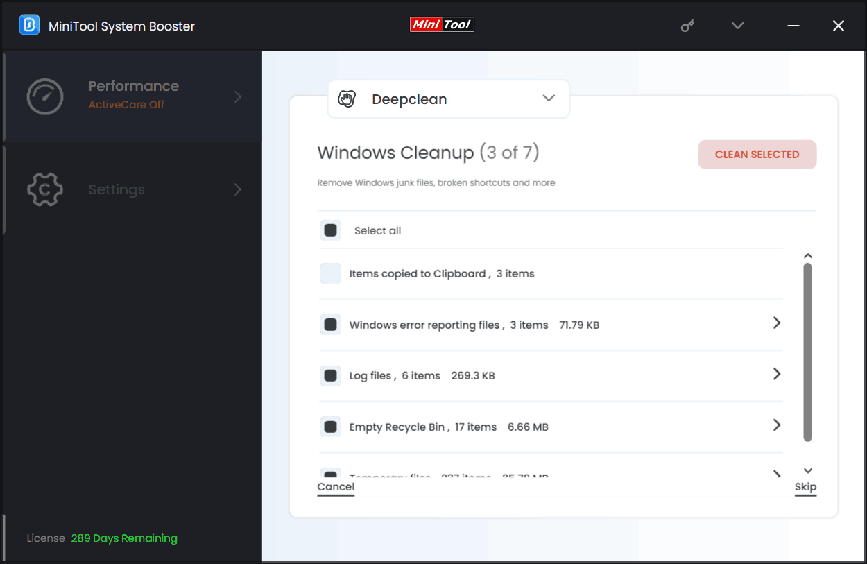 Windows Cleanup in MiniTool System Booster