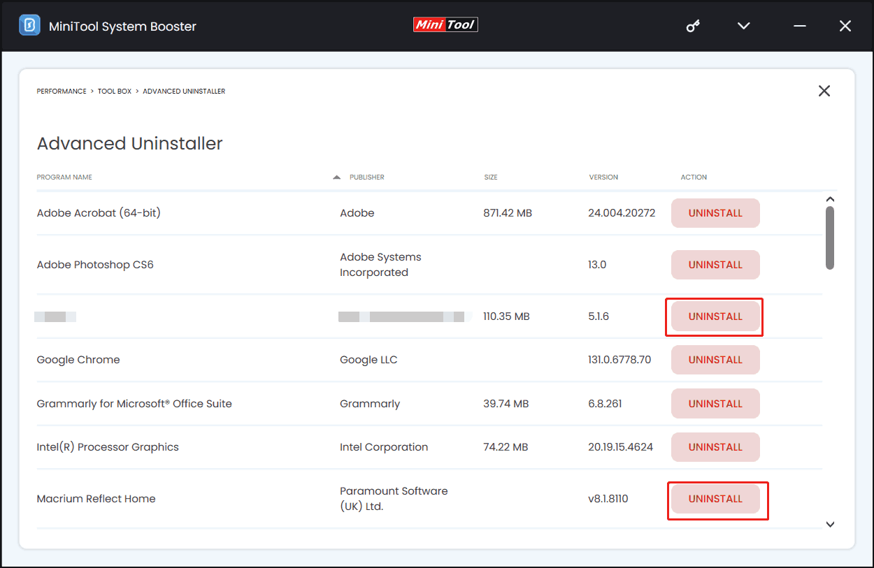 uninstall apps with Advanced Uninstaller in MiniTool System Booster