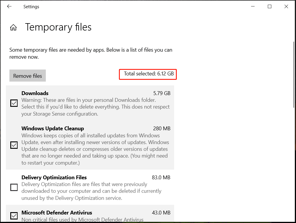 delete temporary files in Storage on Windows Settings