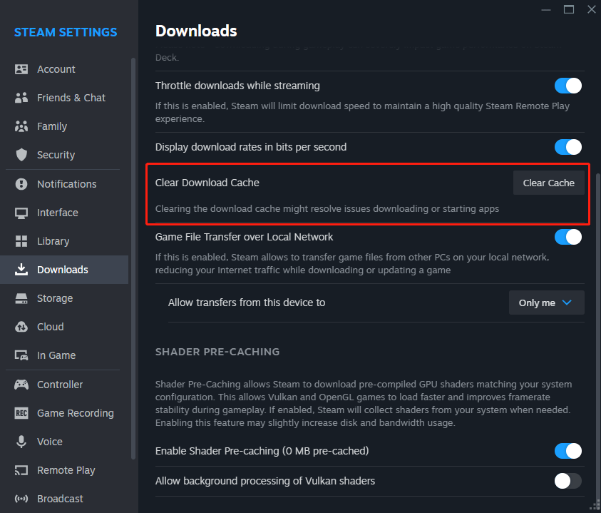 click on Clear Cache next to Clear Download Cache