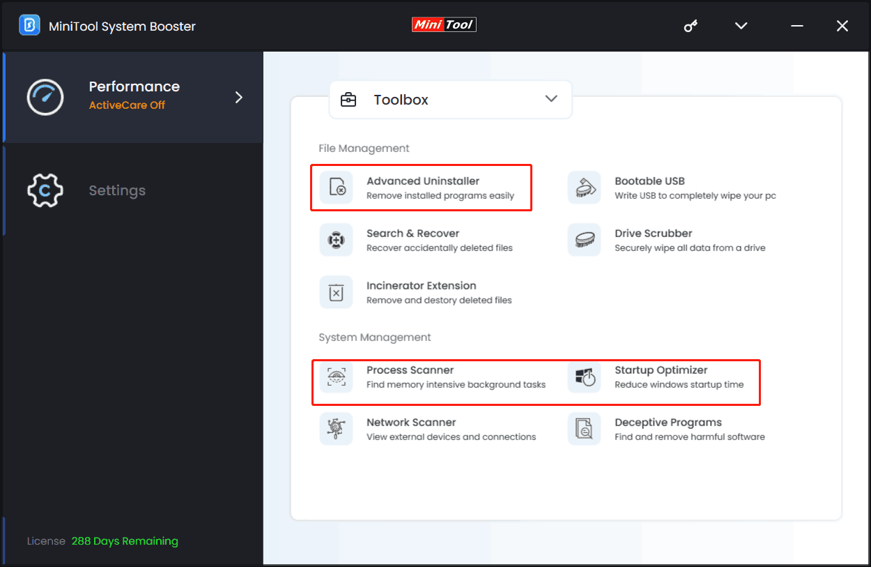 MiniTool System Booster Toolbox page