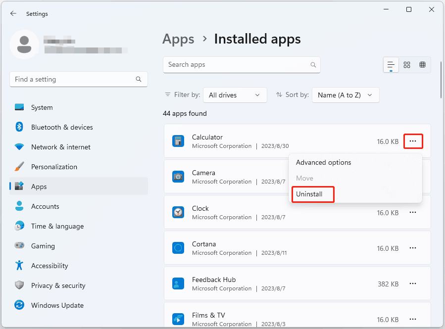 uninstall Windows 11 apps in Settings