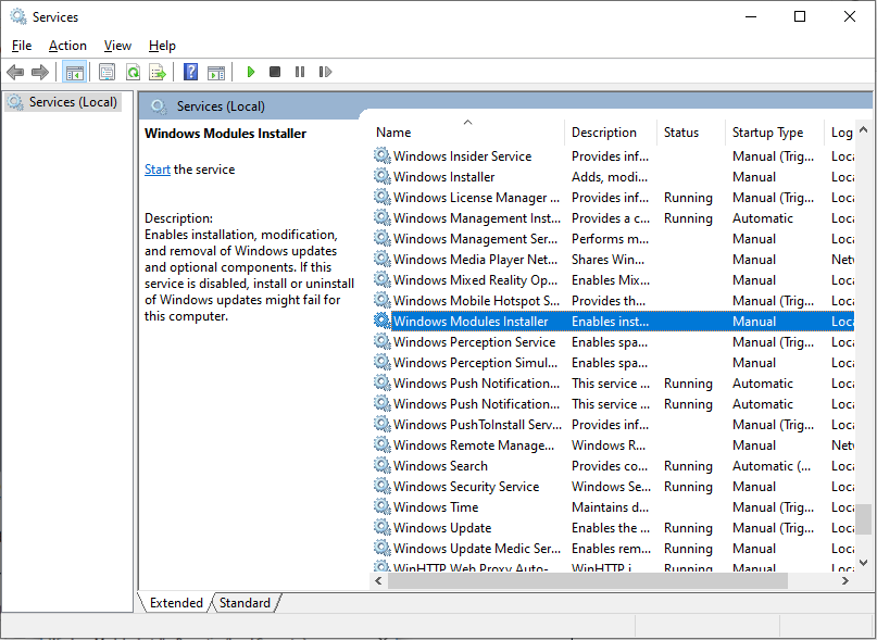 locate Windows Modules Installer in the services list