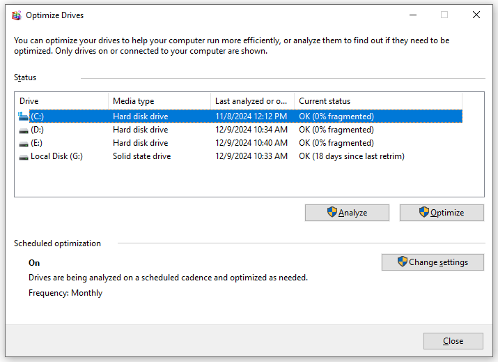 pick the hard drive you need to defrag and tap on Optimize