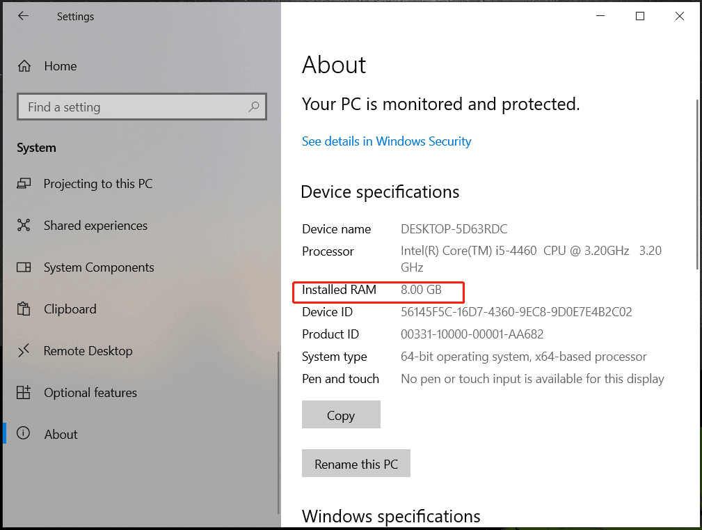 Windows 10 About page to see RAM information