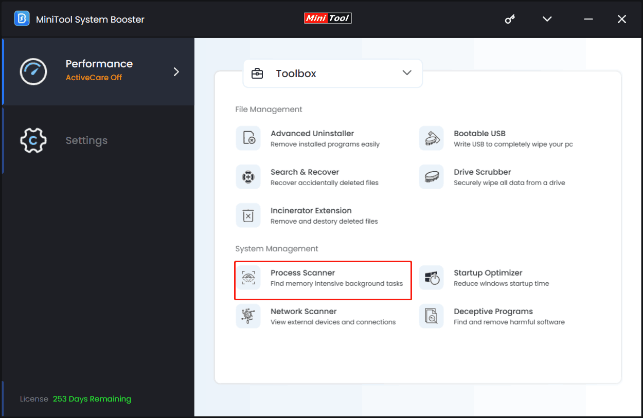 MiniTool System Booster Process Scanner disable intensive background tasks