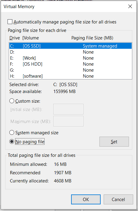 disable paging size under Virtual Memory