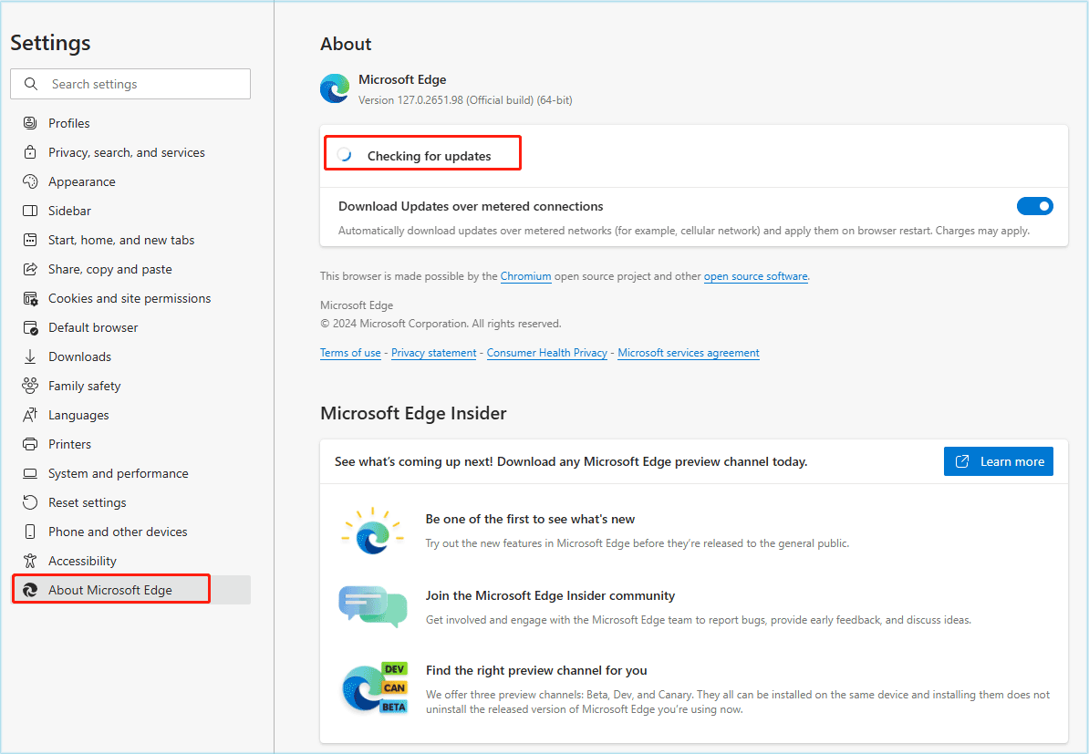 check for Microsoft Edge updates