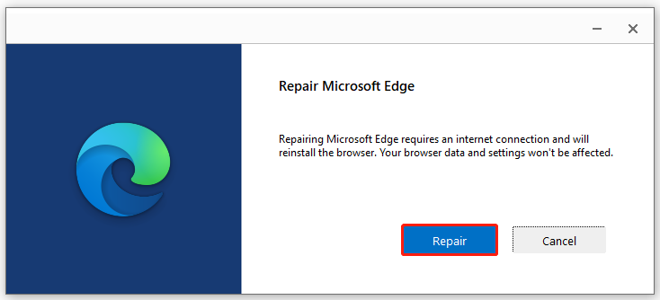 hit Repair to repair Microsoft Edge