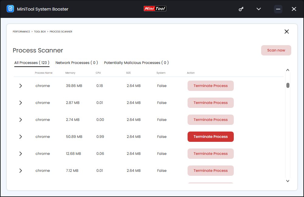 terminate resource-hogging processes via MiniTool System Booster