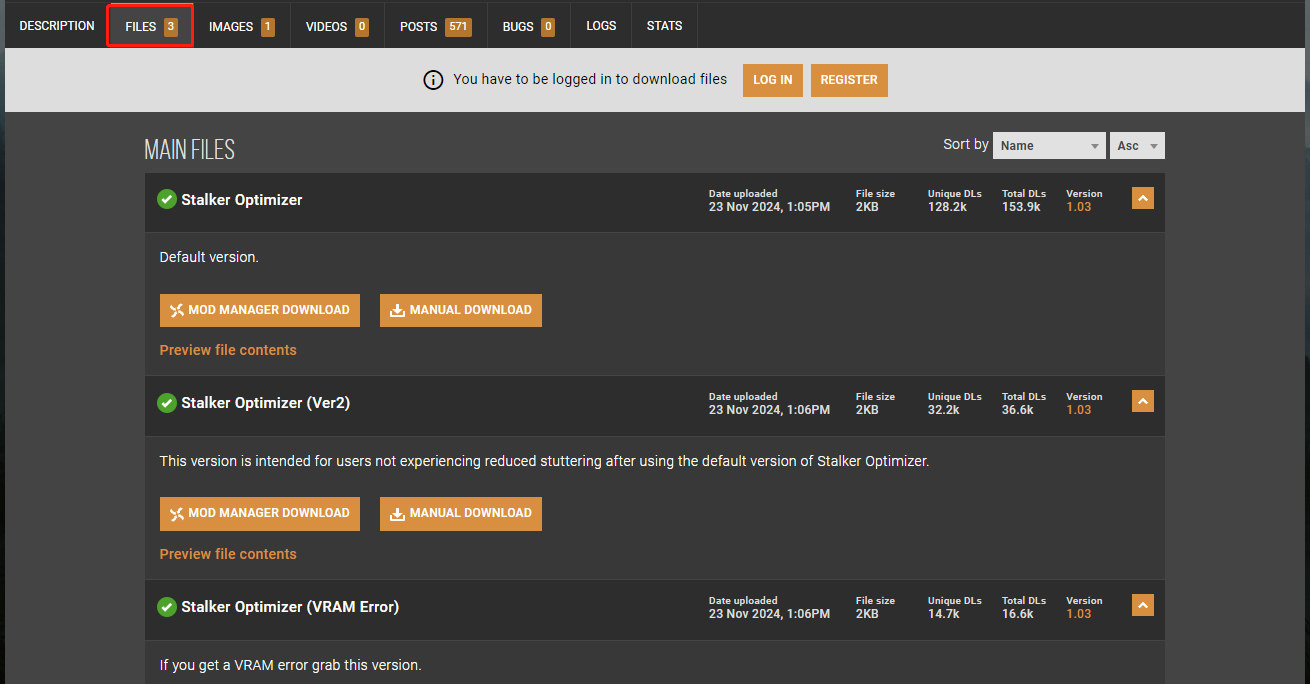 the Stalker optimizer mod downloads page