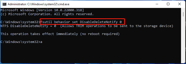 enable Trim for SSD in Command Prompt