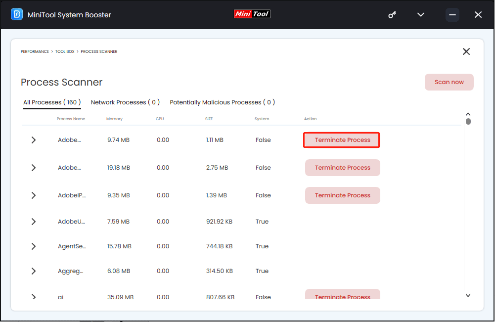 click on Terminate Process next to the process you want to end