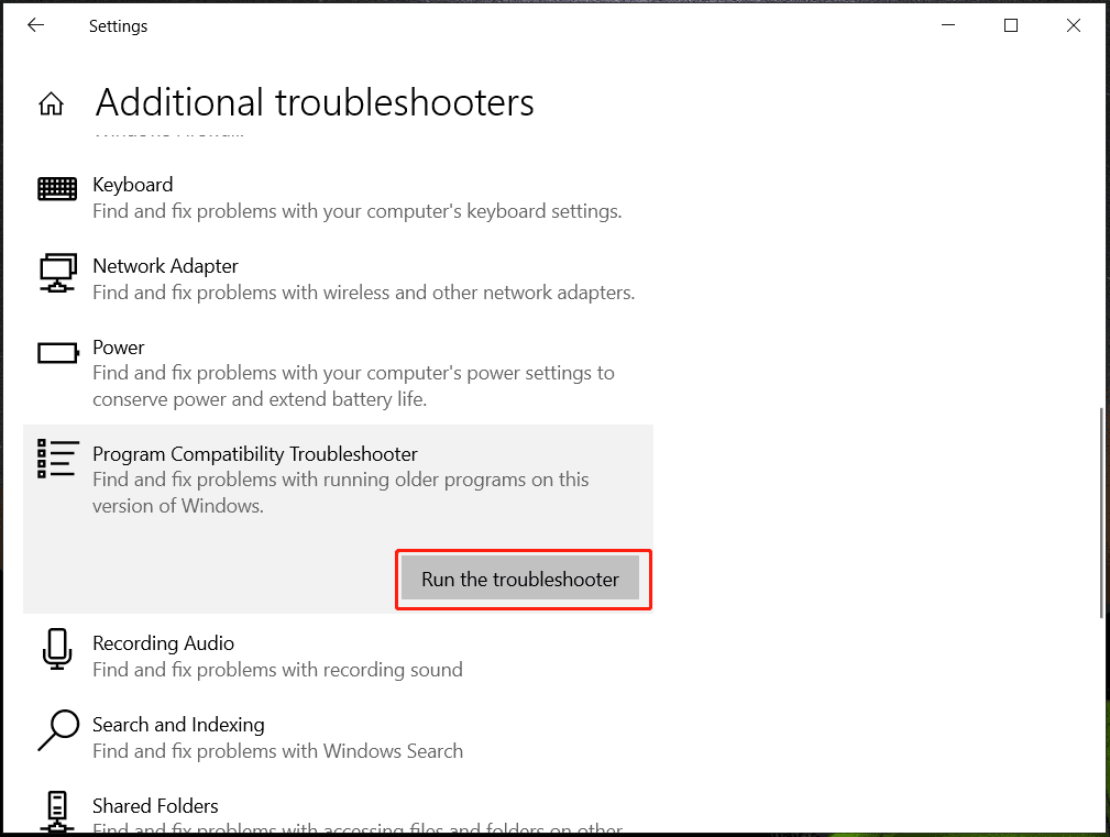 Program Compatibility Troubleshooter in Windows 10