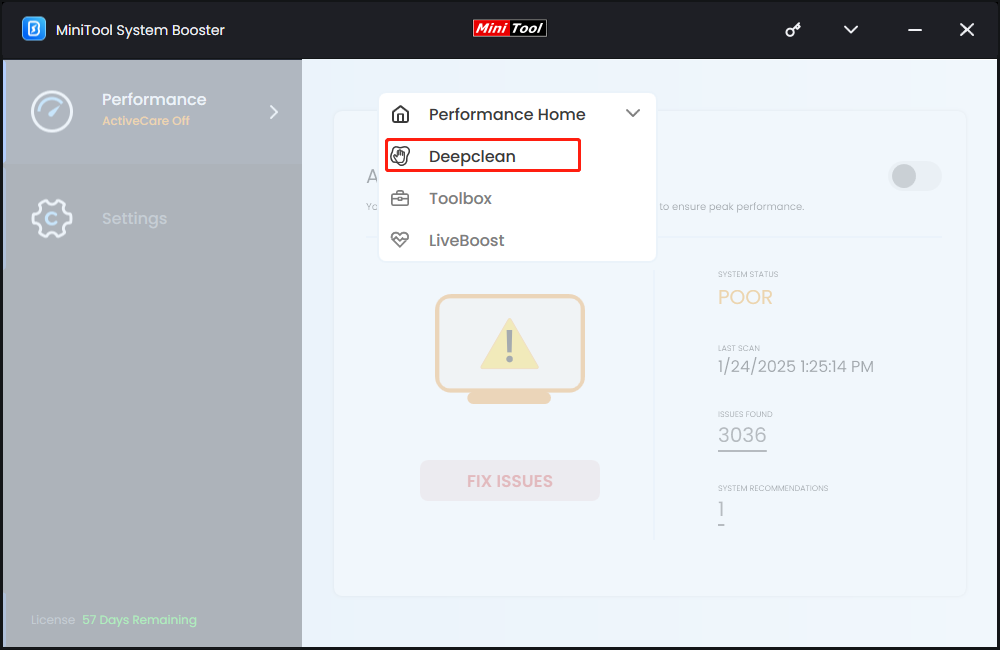 select Deepclean from the drop-down menu in MiniTool System Booster