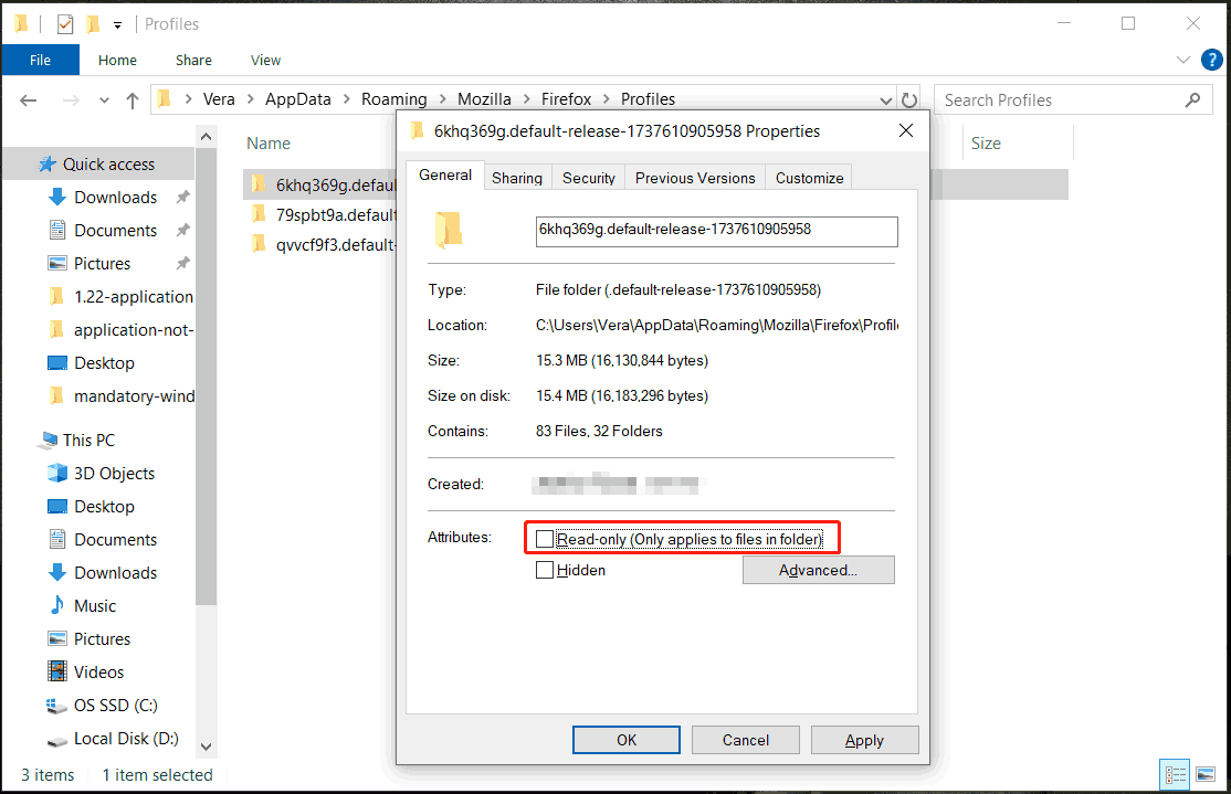 uncheck read-only permission for Firefox profile folder