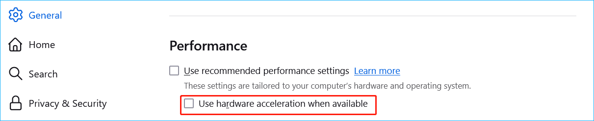 turn off hardware acceleration in Firefox