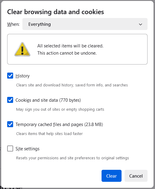clear browsing data and cookies in Firefox